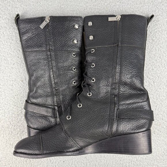 Michael Kors Boots Womens 9.5 Shoes Black Woodley Wedge Combat Moto Biker Calf - Picture 8 of 14